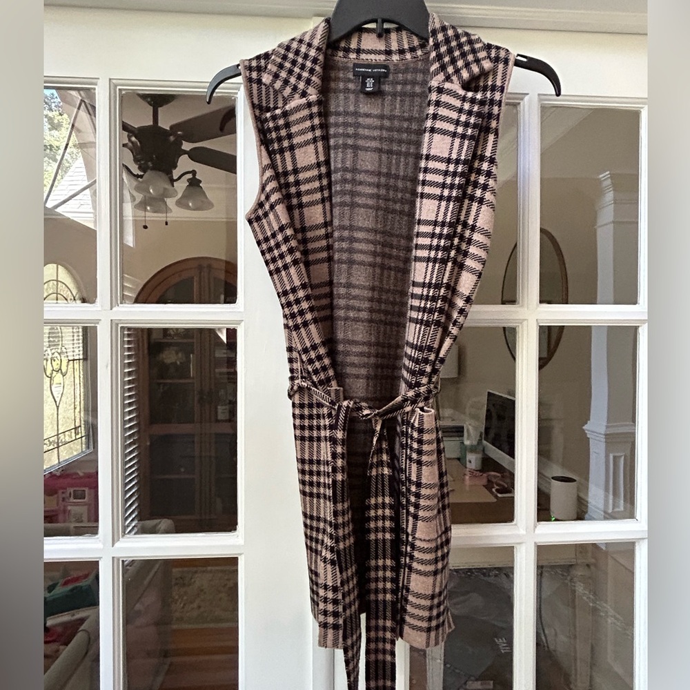 Tan plaid cardigan vest